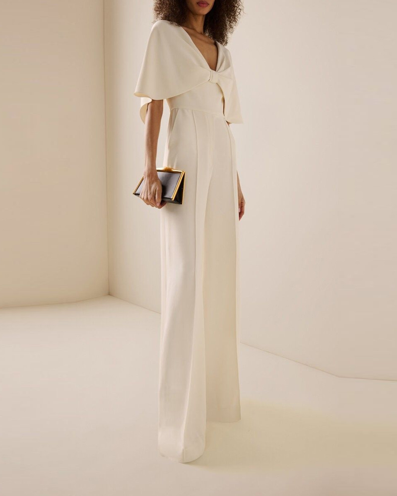 Chic Cape Sleeve V Neck Wide Leg Jumpsuit, Elegant Formal Jumpsuit