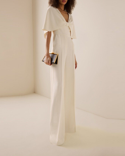 Chic Cape Sleeve V Neck Wide Leg Jumpsuit, Elegant Formal Jumpsuit
