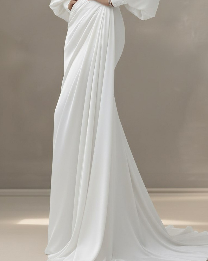 Elegant White Satin High-Neck Lantern Sleeve Ruched Maxi Dress