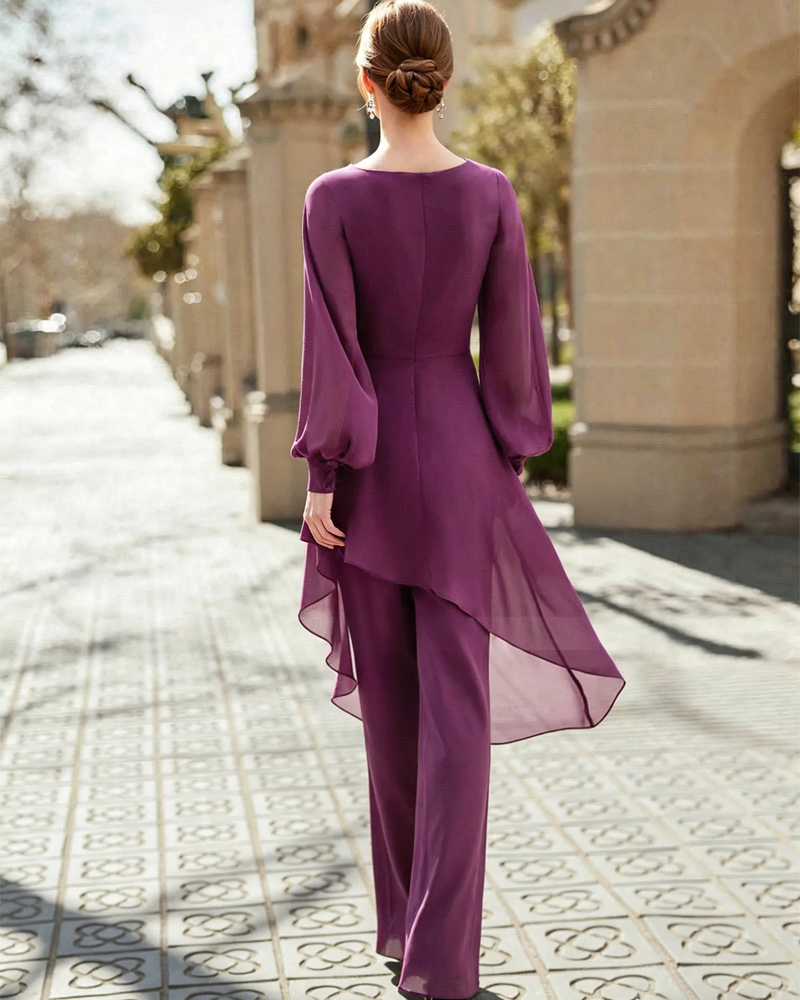 Purple Chiffon Jumpsuit with Lantern Sleeves