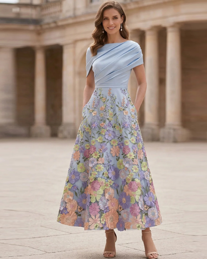 A-Line/Princess Boat Neck Satin Dresses Floral Tea-Length Short Sleeves Ruched
