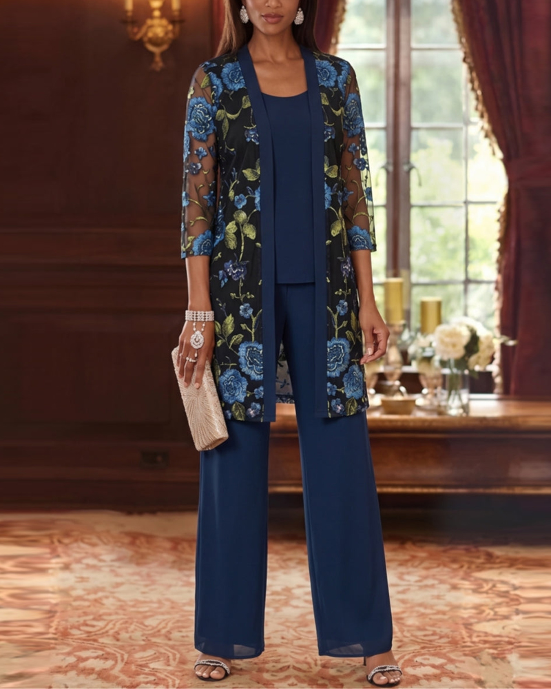 3 Pieces Suit Scoop Chiffon Pantsuits with Jacket Floral 3/4 Sleeves Ankle-Length