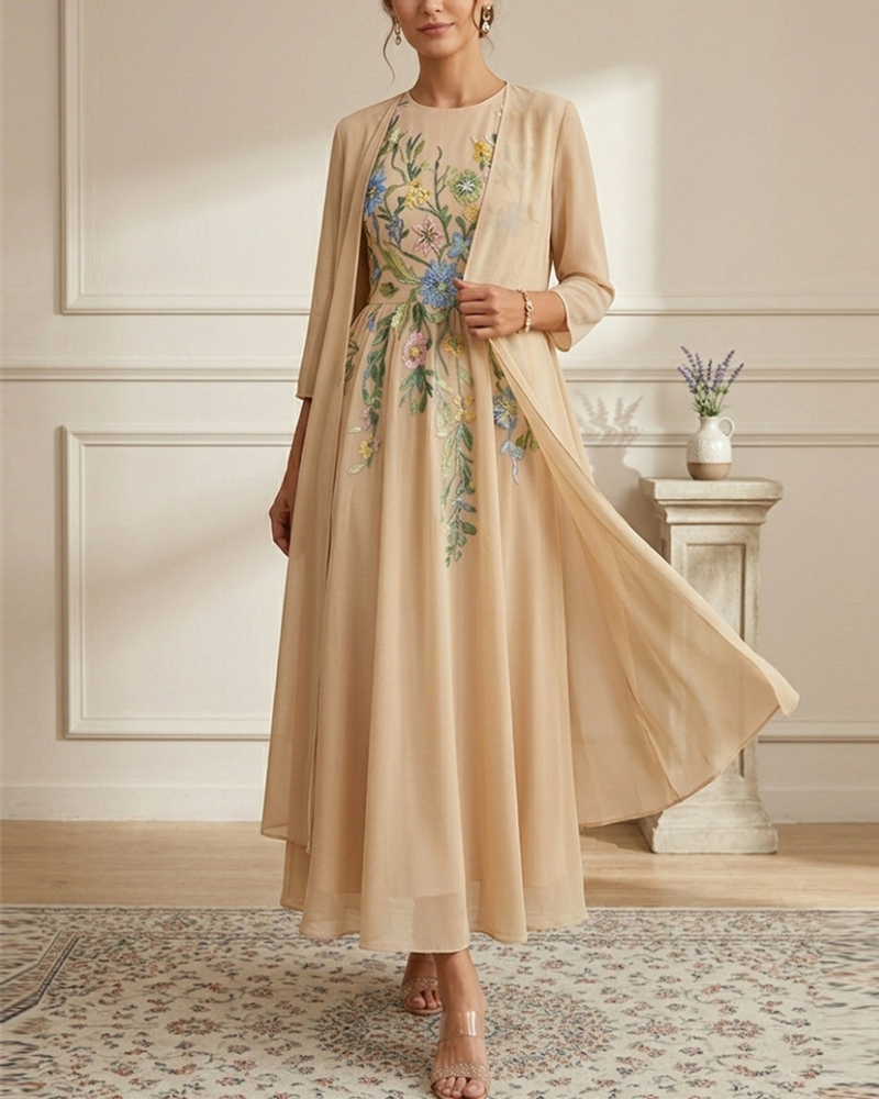 A-Line/Princess Scoop Chiffon Dresses with Jacket Lace Floral 3/4 Sleeves Ankle-Length