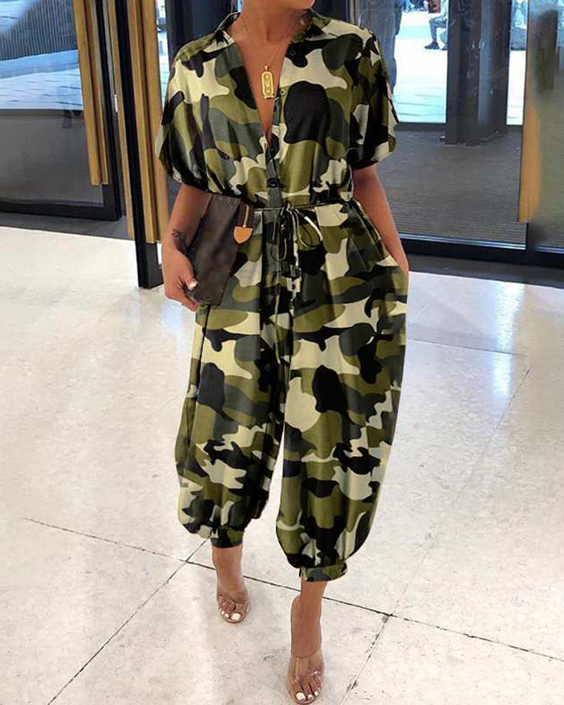 Collared Camouflage Button Jumpsuit