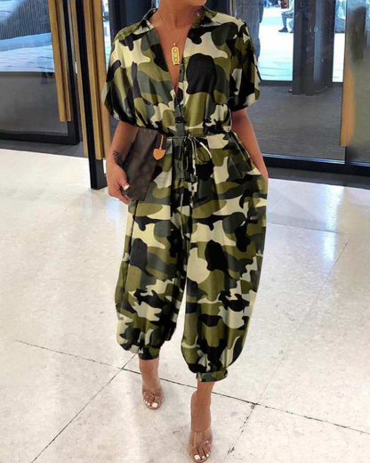 Collared Camouflage Button Jumpsuit