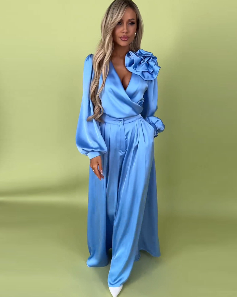 Elegant Floral-Embellished Long-Sleeved Shirt And Trousers Two-Piece Set