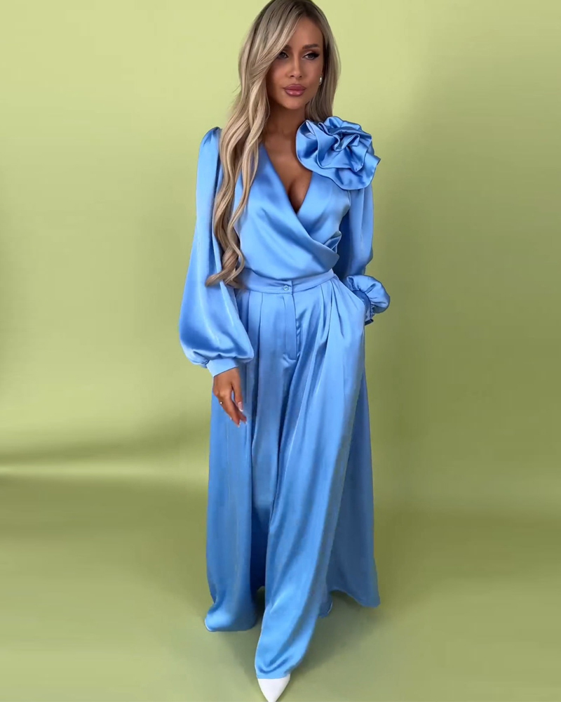 Elegant Floral-Embellished Long-Sleeved Shirt And Trousers Two-Piece Set