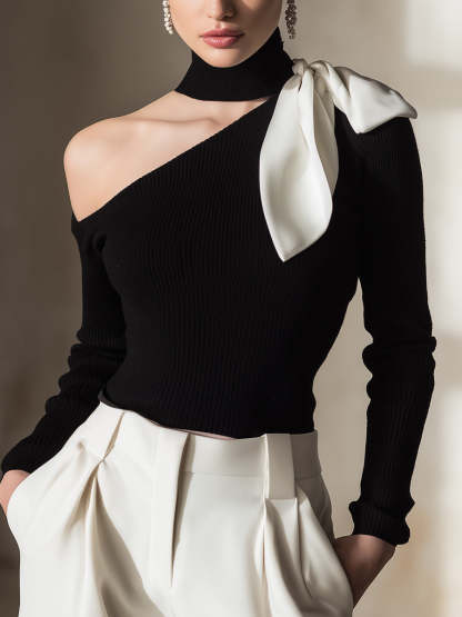 One-Shoulder Knit Top With Contrast Bow Detail