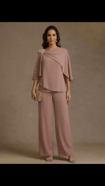 2 Piece Boat Neck Chiffon Mother of the Bride Pantsuits Cape Sleeves Ankle-Length Rhinestone