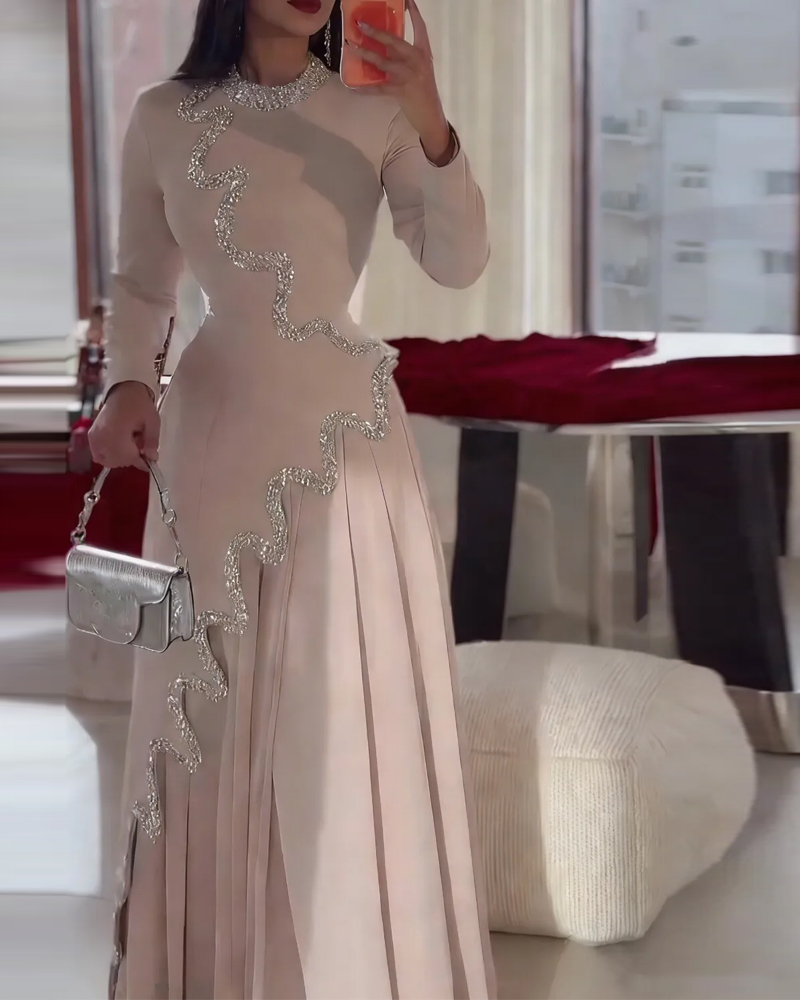 Asymmetric Hot Drilling Patchwork Mock Neck Party Maxi Dresses