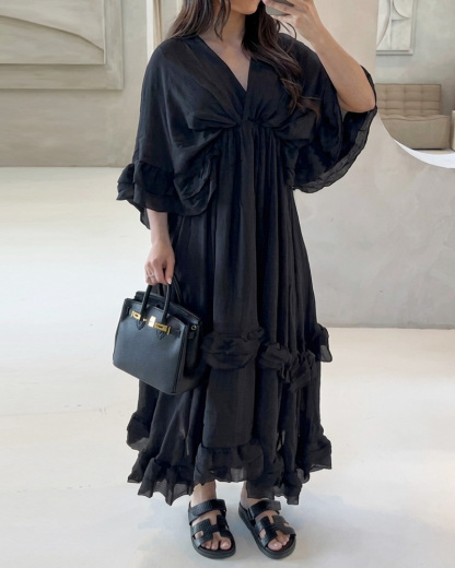Loose-Fit Solid-Color V-Neck Chiffon Dress