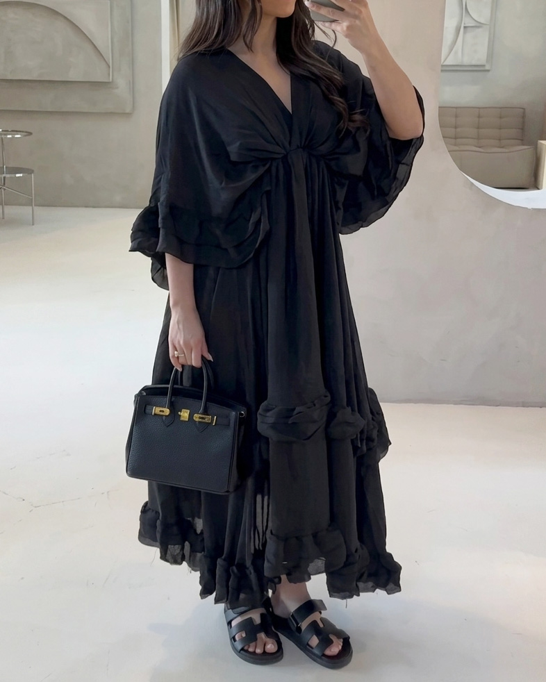 Loose-Fit Solid-Color V-Neck Chiffon Dress