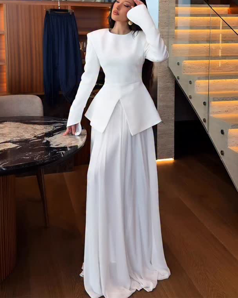 Elegant Solid White Two-Piece Maxi Dress with Pleated Skirt & Structured Blazer Top