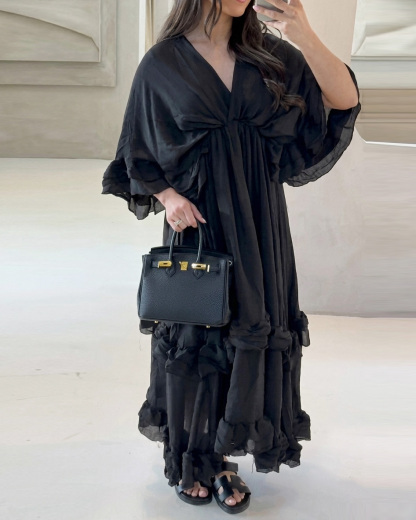 Loose-Fit Solid-Color V-Neck Chiffon Dress