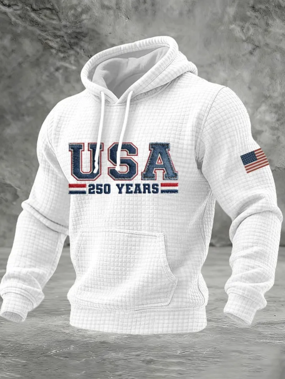 Men's 250th Anniversary USA Flag Patch Waffle Knit Hoodie-pufftee
