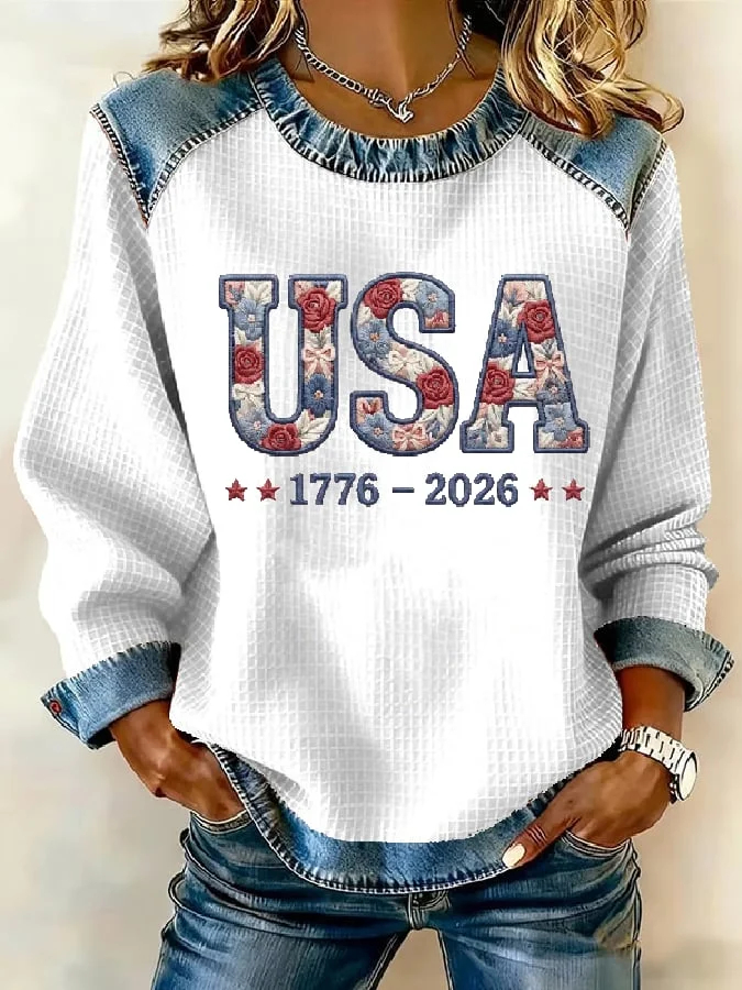Women's US 250th Anniversary 1776-2026 Patchwork Sweatshirt – Floral USA Print Denim-Accent Pullover-pufftee