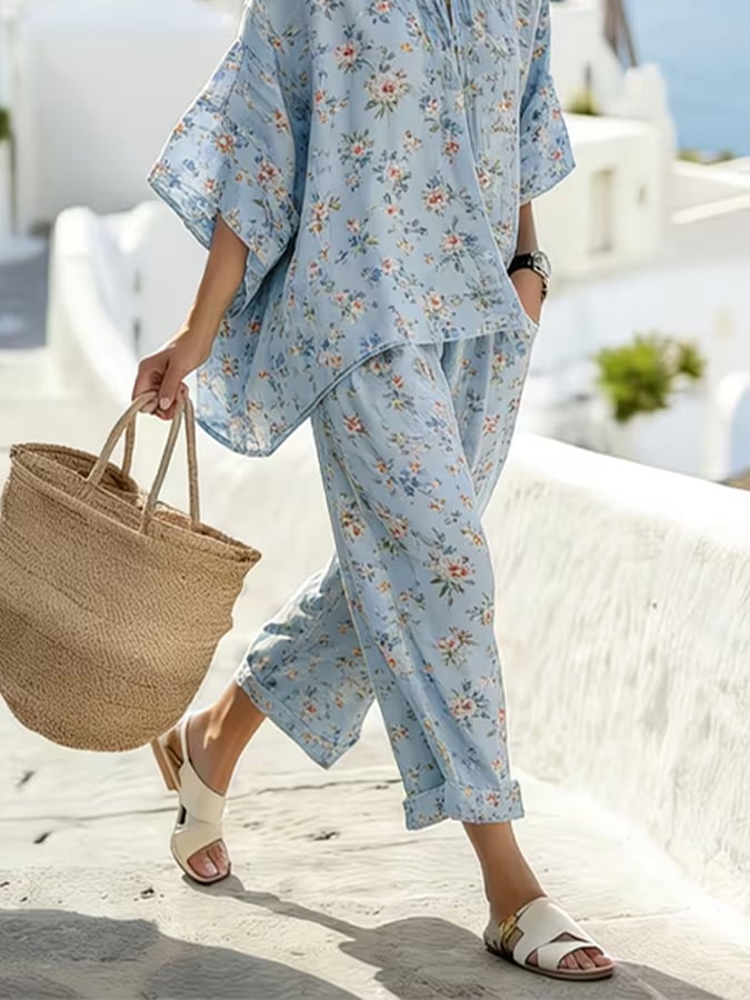 Women's Casual Round Neck Printed Vacation Two-Piece Set