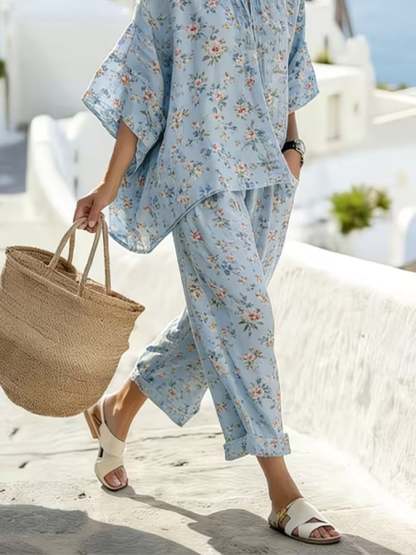 Women's Casual Round Neck Printed Vacation Two-Piece Set