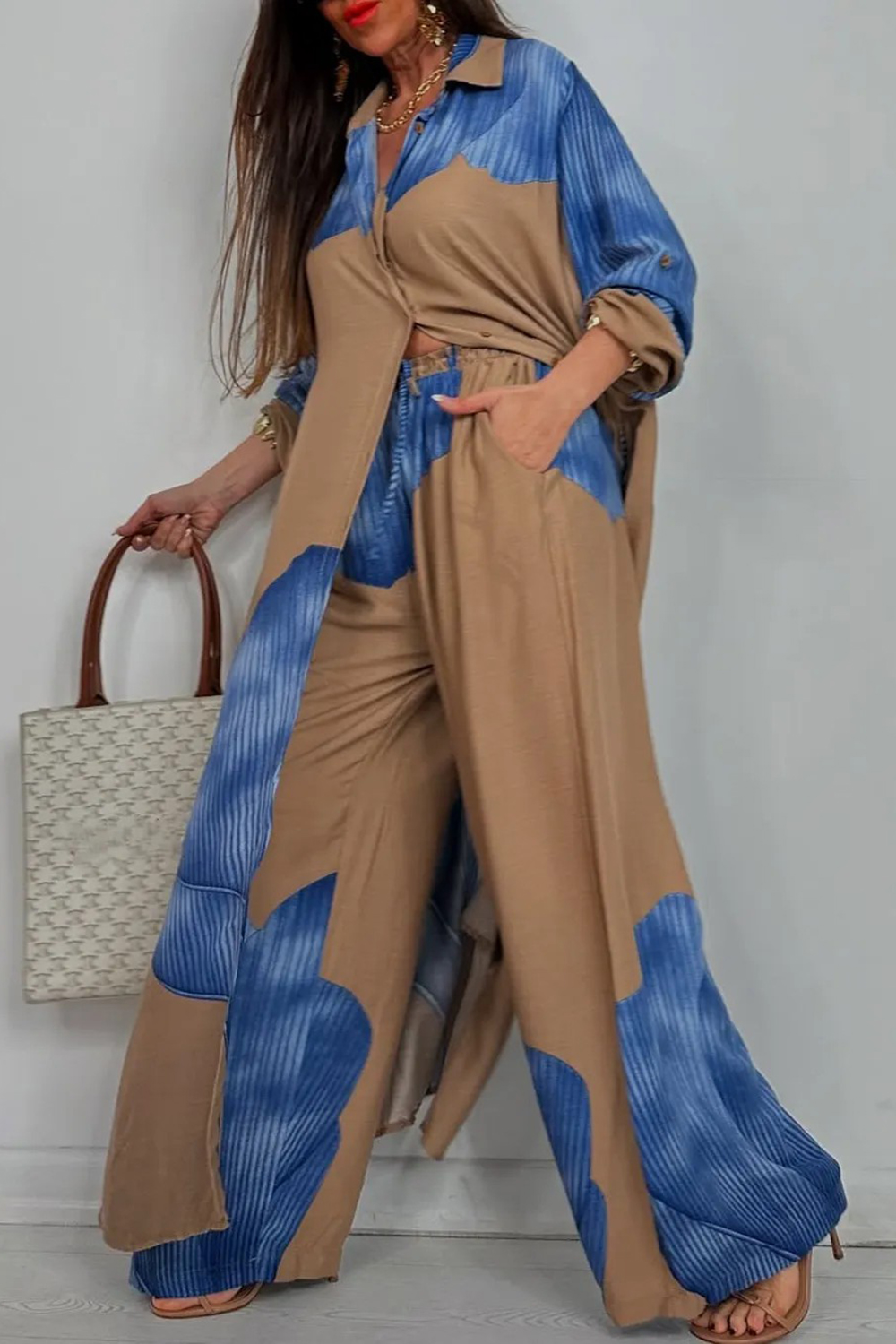 Leaf Print Colorblock Turndown Collar Long Shirt Wide Leg Pants 2pcs Set