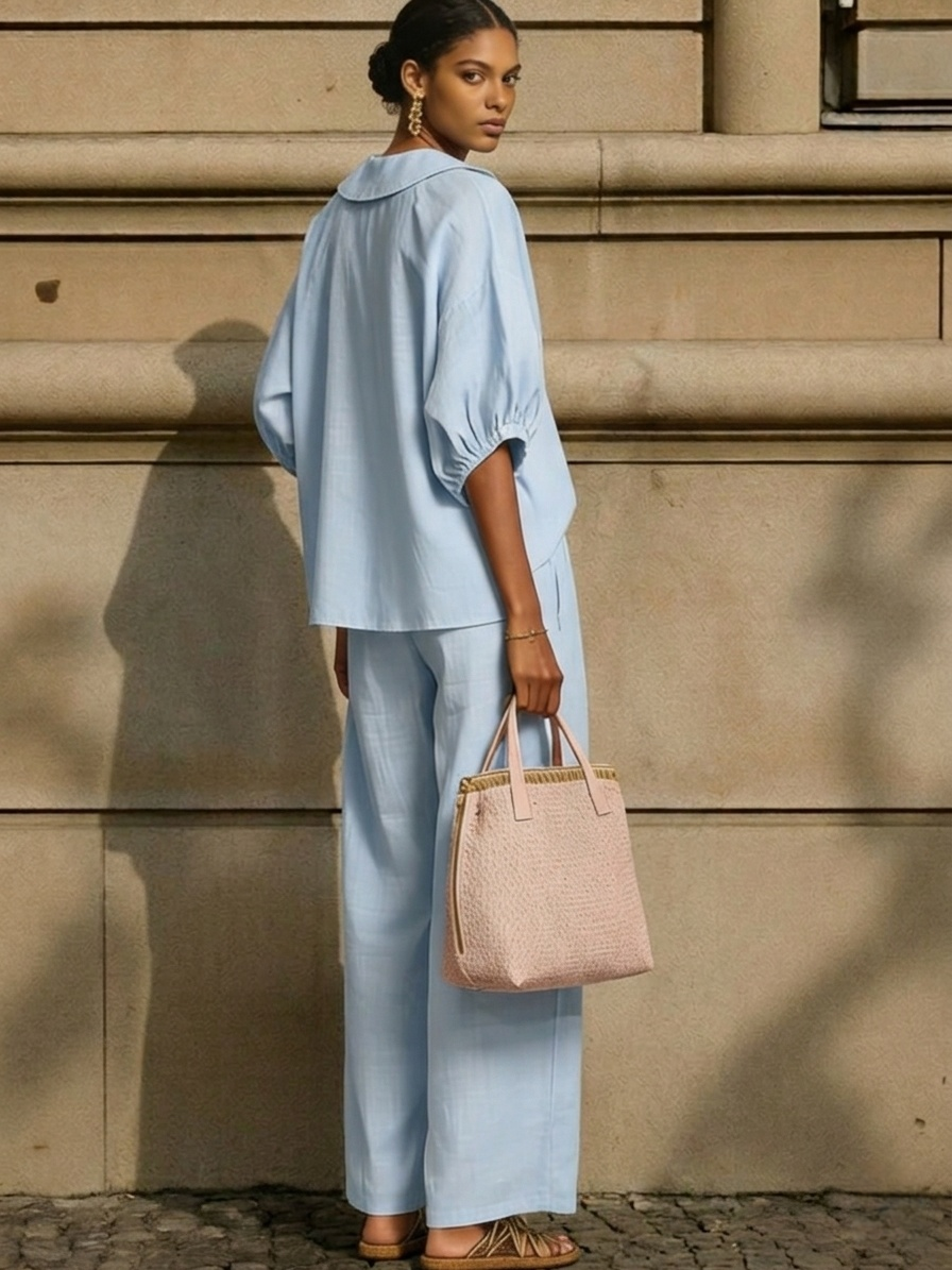 Stylish Peter Pan Collar Shirt And Wide-leg Pant Linen Two-piece Set