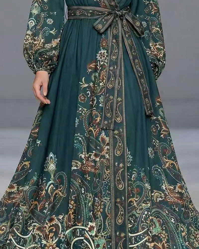 Boho Dark Green Paisley Print Maxi Dress, Wrap V Neck Long Sleeve Dress