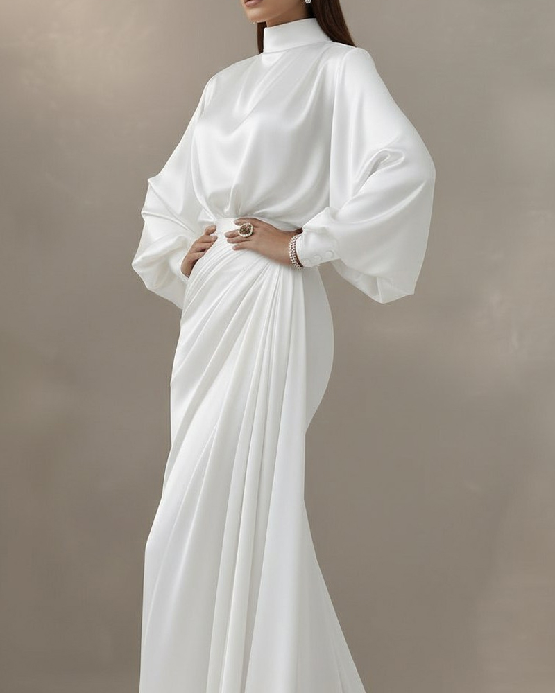 Elegant White Satin High-Neck Lantern Sleeve Ruched Maxi Dress