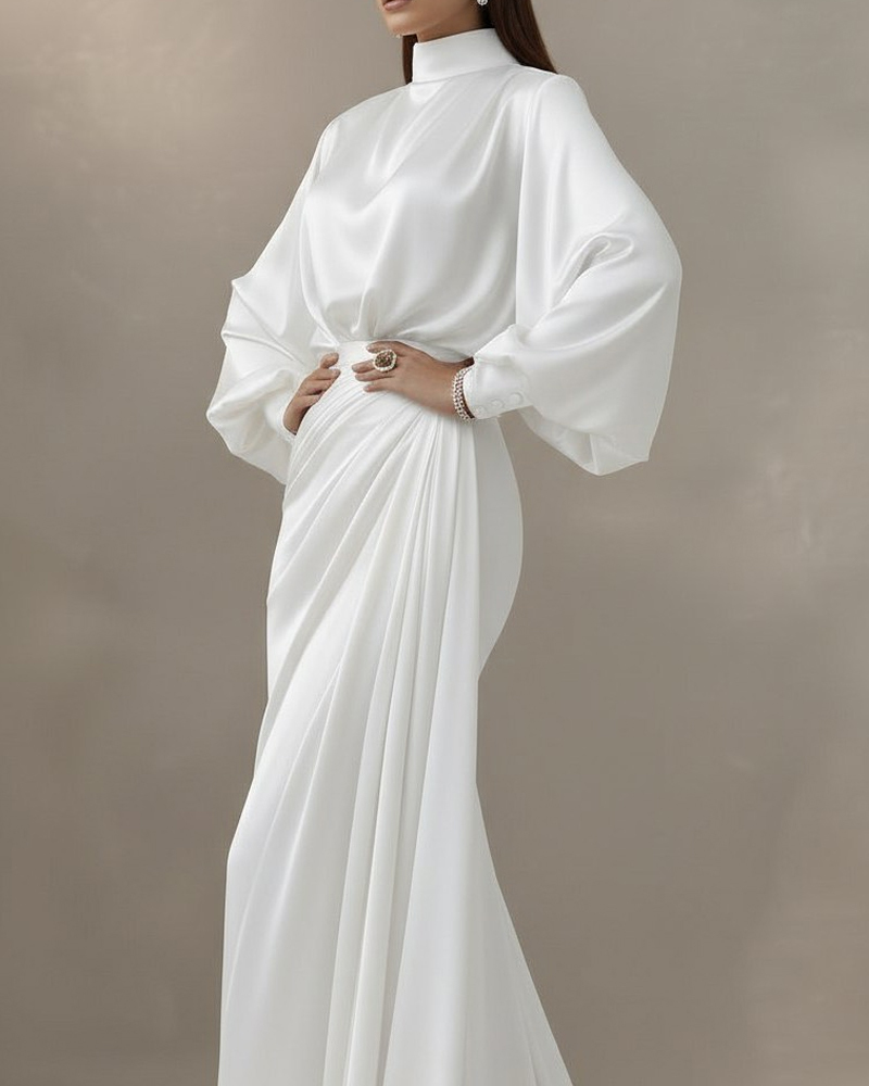Elegant White Satin High-Neck Lantern Sleeve Ruched Maxi Dress
