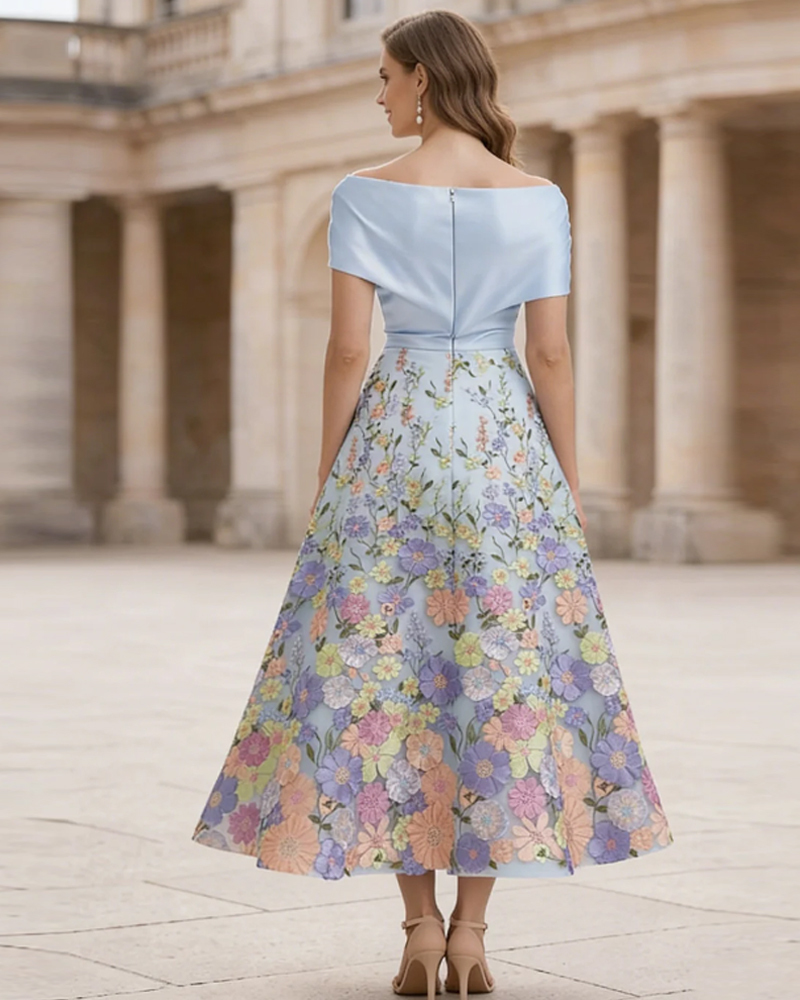 A-Line/Princess Boat Neck Satin Dresses Floral Tea-Length Short Sleeves Ruched