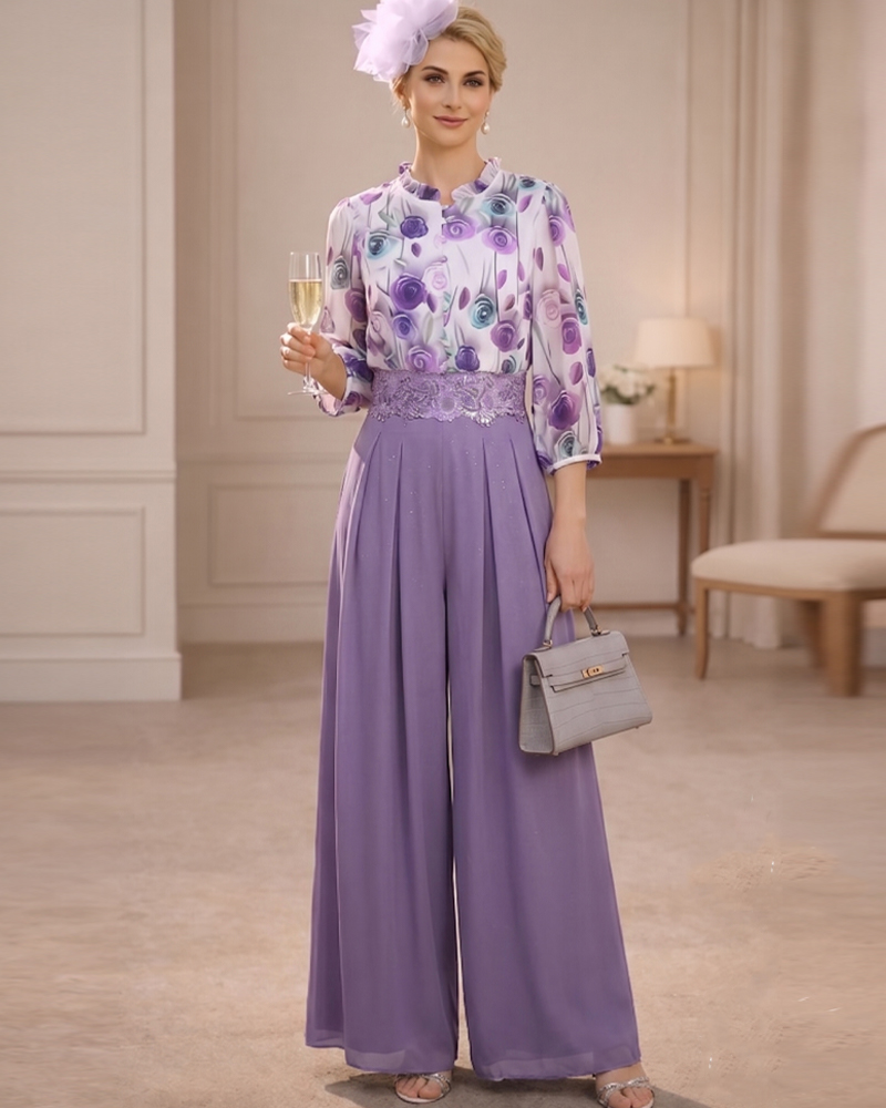 Lavender Floral Print Lace Waist Jumpsuit