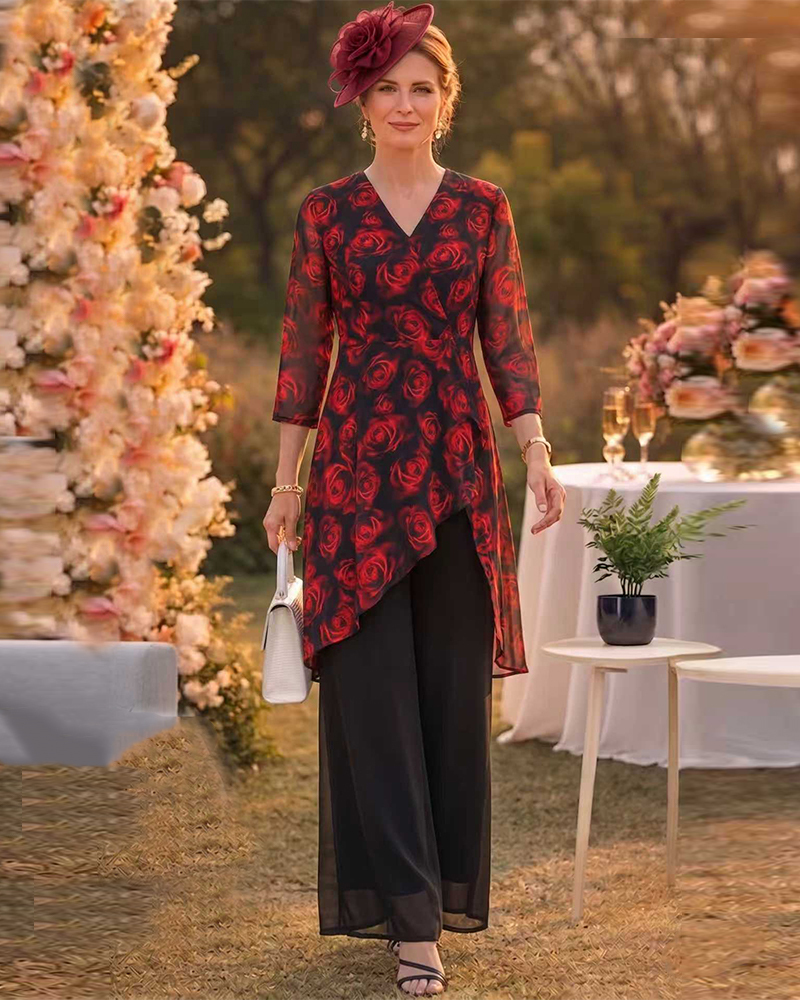 Wrap Print Asymmetrical Two-Piece Pant Set