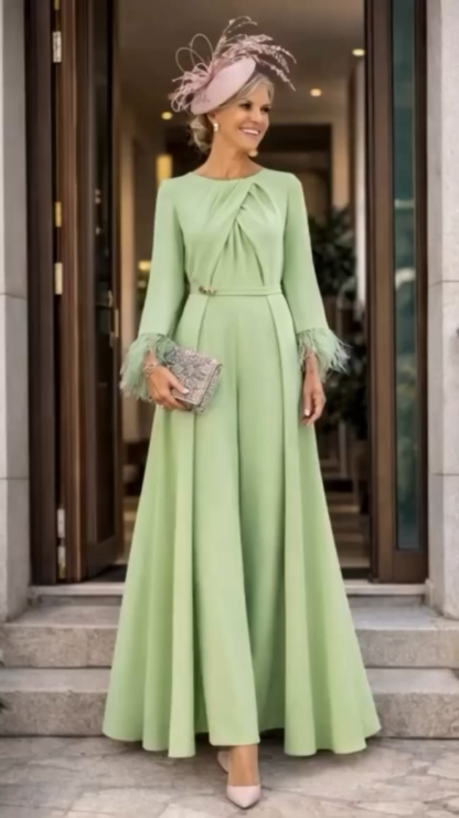 Light Green Long Sleeve Formal Overlay Jumpsuit