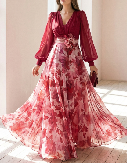Rose Red Chiffon Printed V-Neck Fitted Waist Maxi Dress