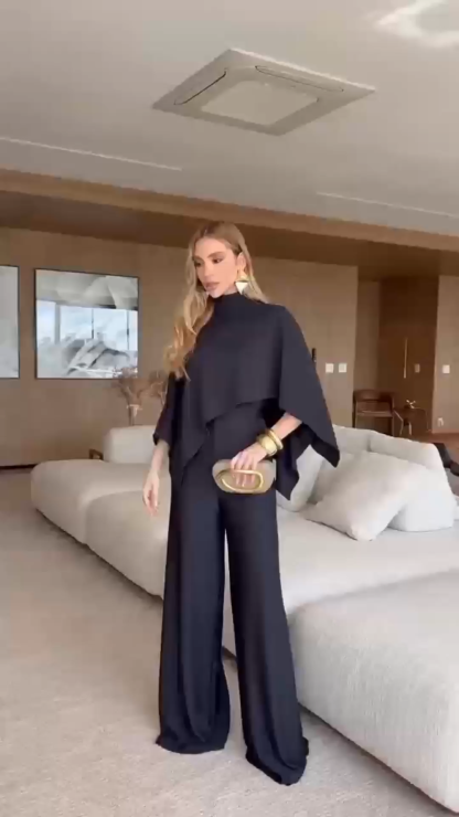 Black Cape Sleeve High Neck Oversized Wide Leg Jumpsuit