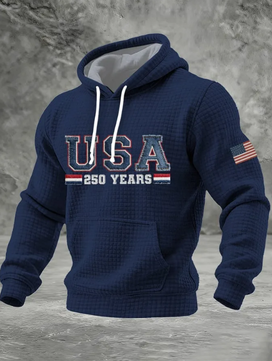 Men's 250th Anniversary USA Flag Patch Waffle Knit Hoodie-pufftee