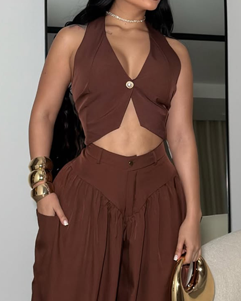 Sleeveless solid color casual two-piece set