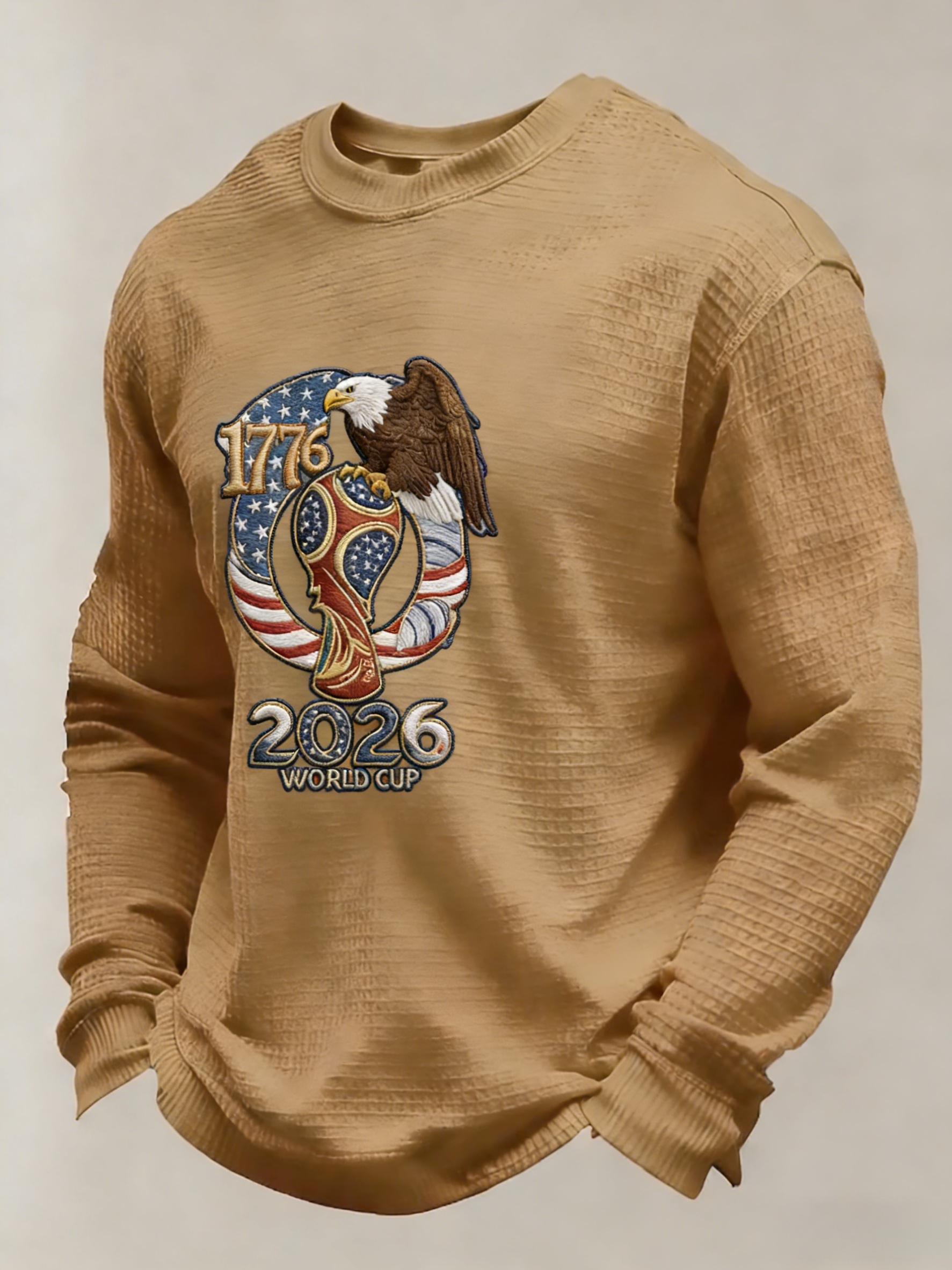 Men's US 250th Anniversary 1776-2026 Waffle-Knit Long Sleeve – Eagle & World Cup Patriotic Graphic Tee-pufftee