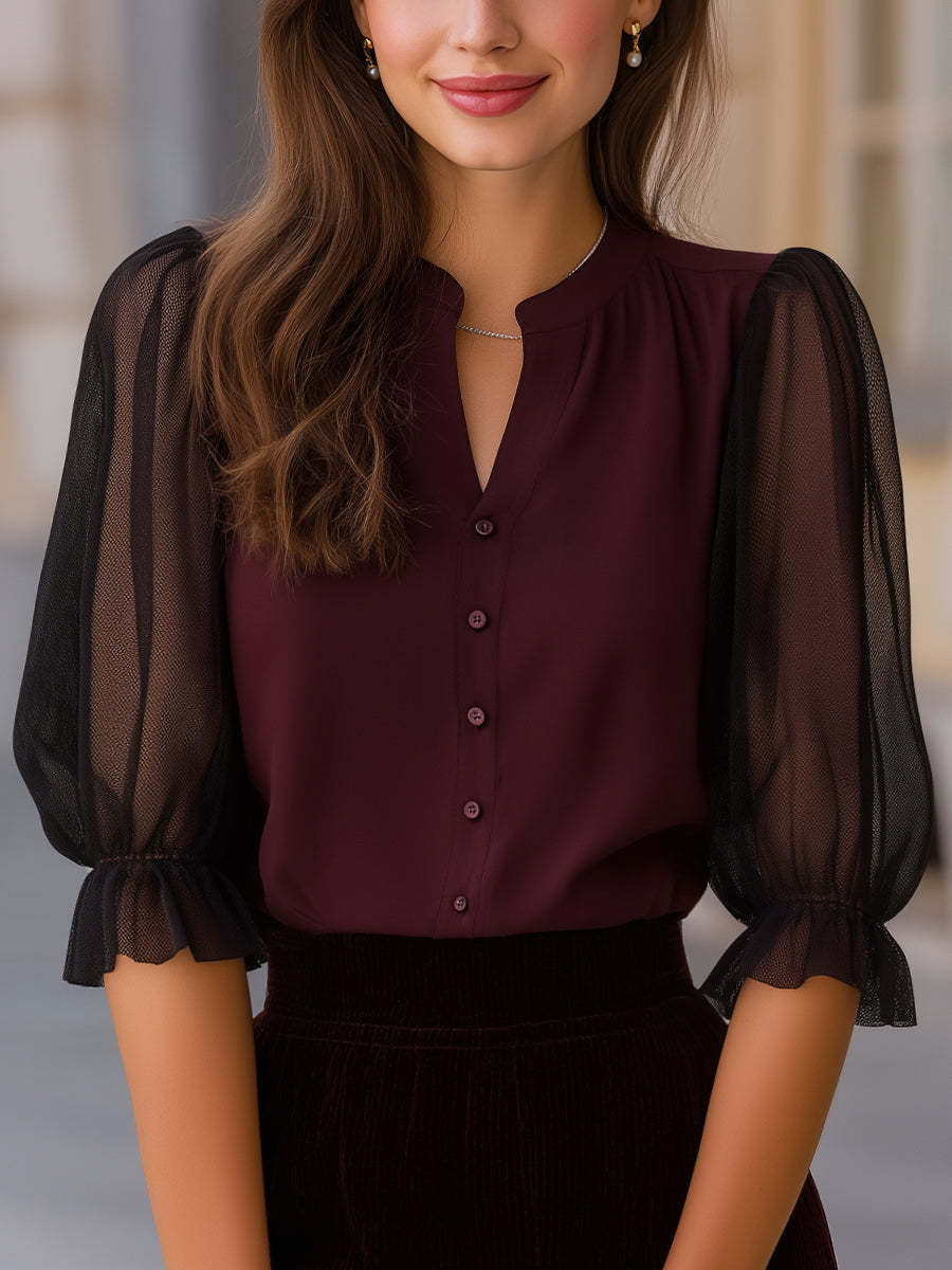 Sheer Puff Sleeve Button-Up Blouse