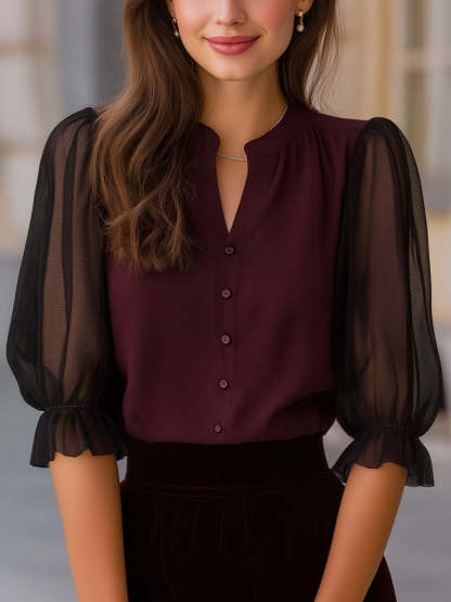 Sheer Puff Sleeve Button-Up Blouse
