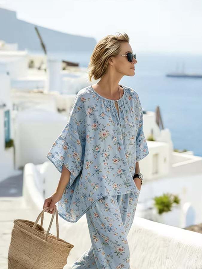 Women's Casual Round Neck Printed Vacation Two-Piece Set