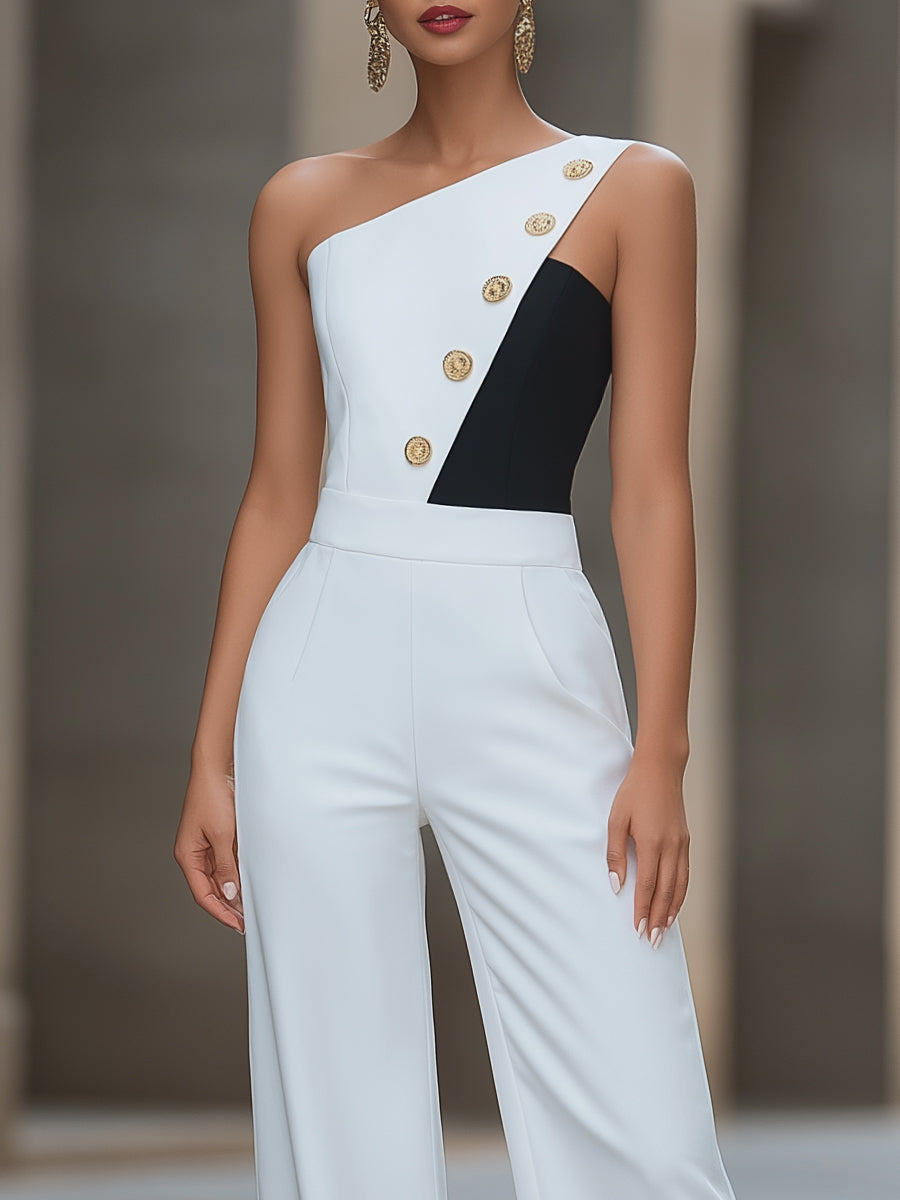 One-Shoulder Contrast Buttoned Wide-Leg Jumpsuit