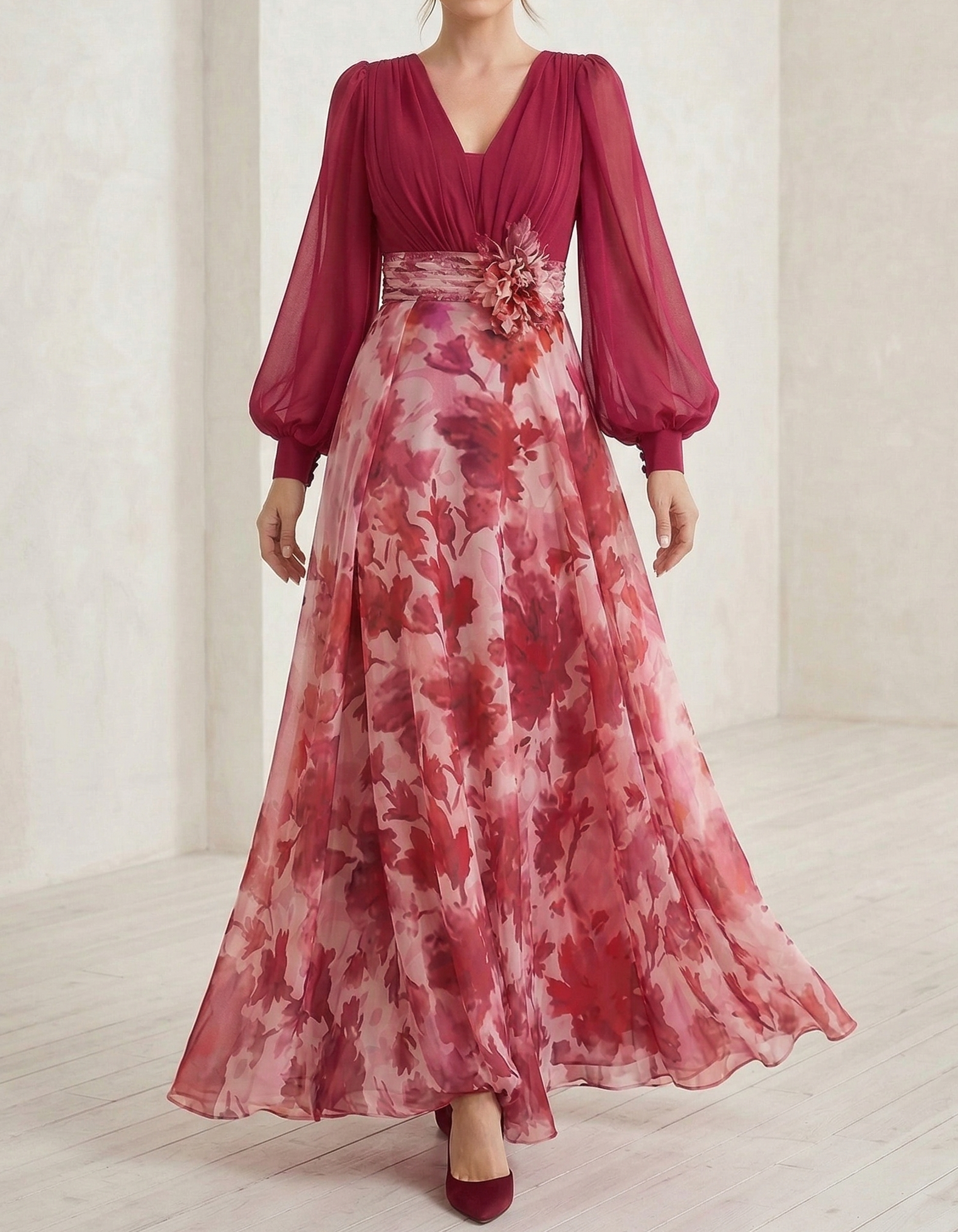 Rose Red Chiffon Printed V-Neck Fitted Waist Maxi Dress