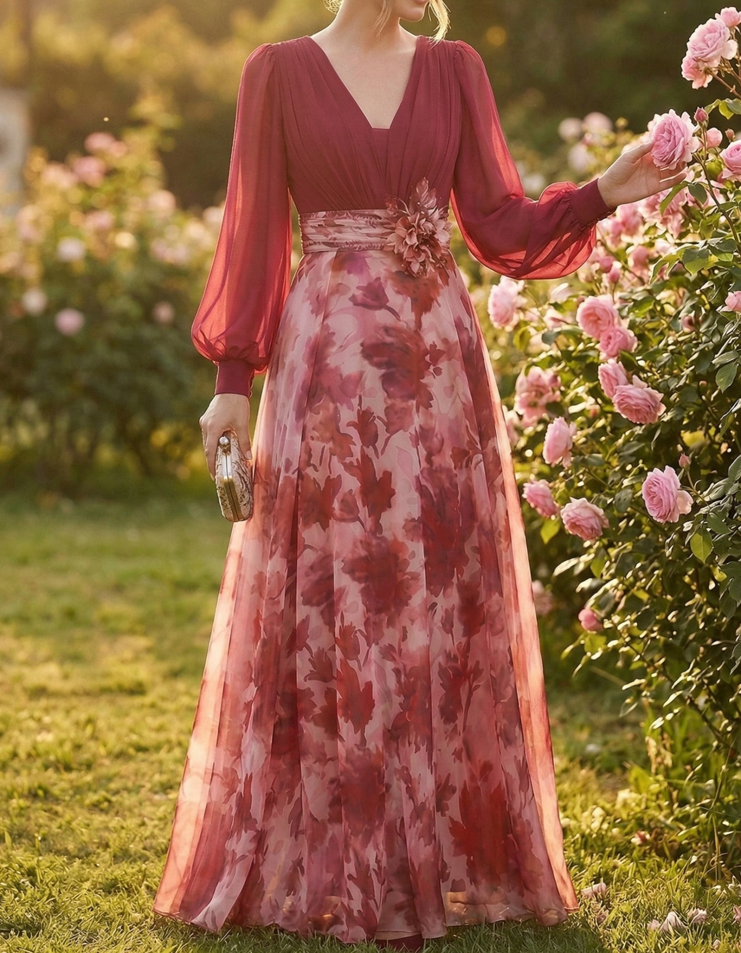 Rose Red Chiffon Printed V-Neck Fitted Waist Maxi Dress