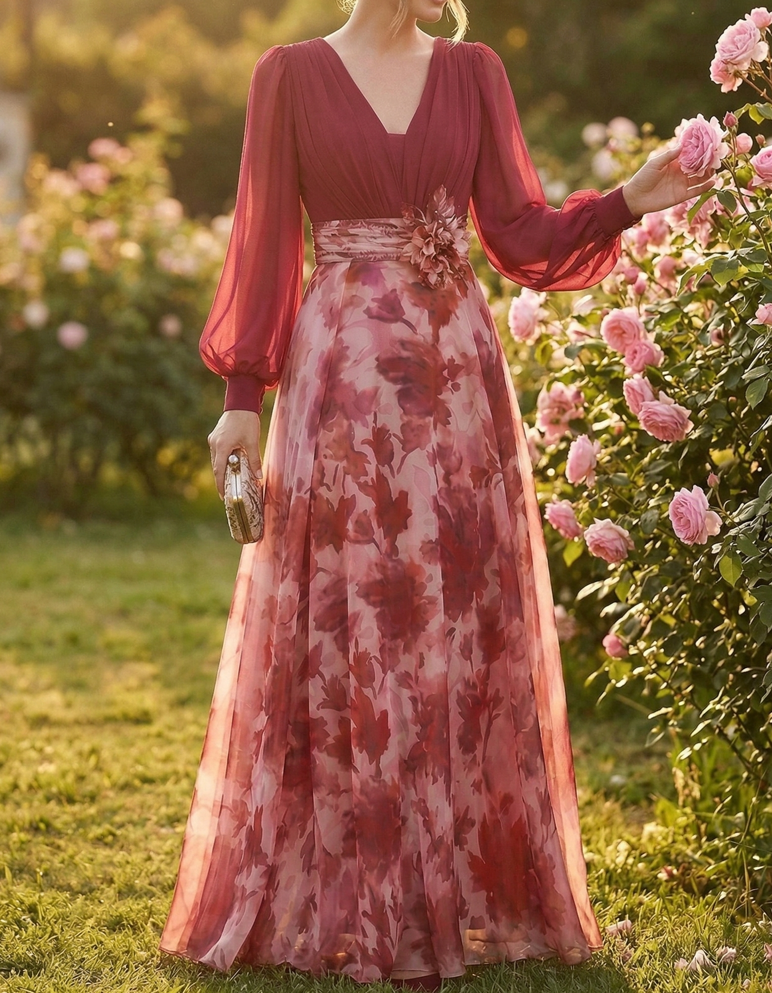 Rose Red Chiffon Printed V-Neck Fitted Waist Maxi Dress
