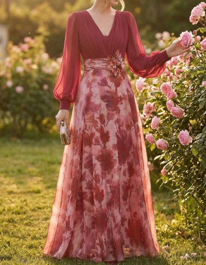 Rose Red Chiffon Printed V-Neck Fitted Waist Maxi Dress