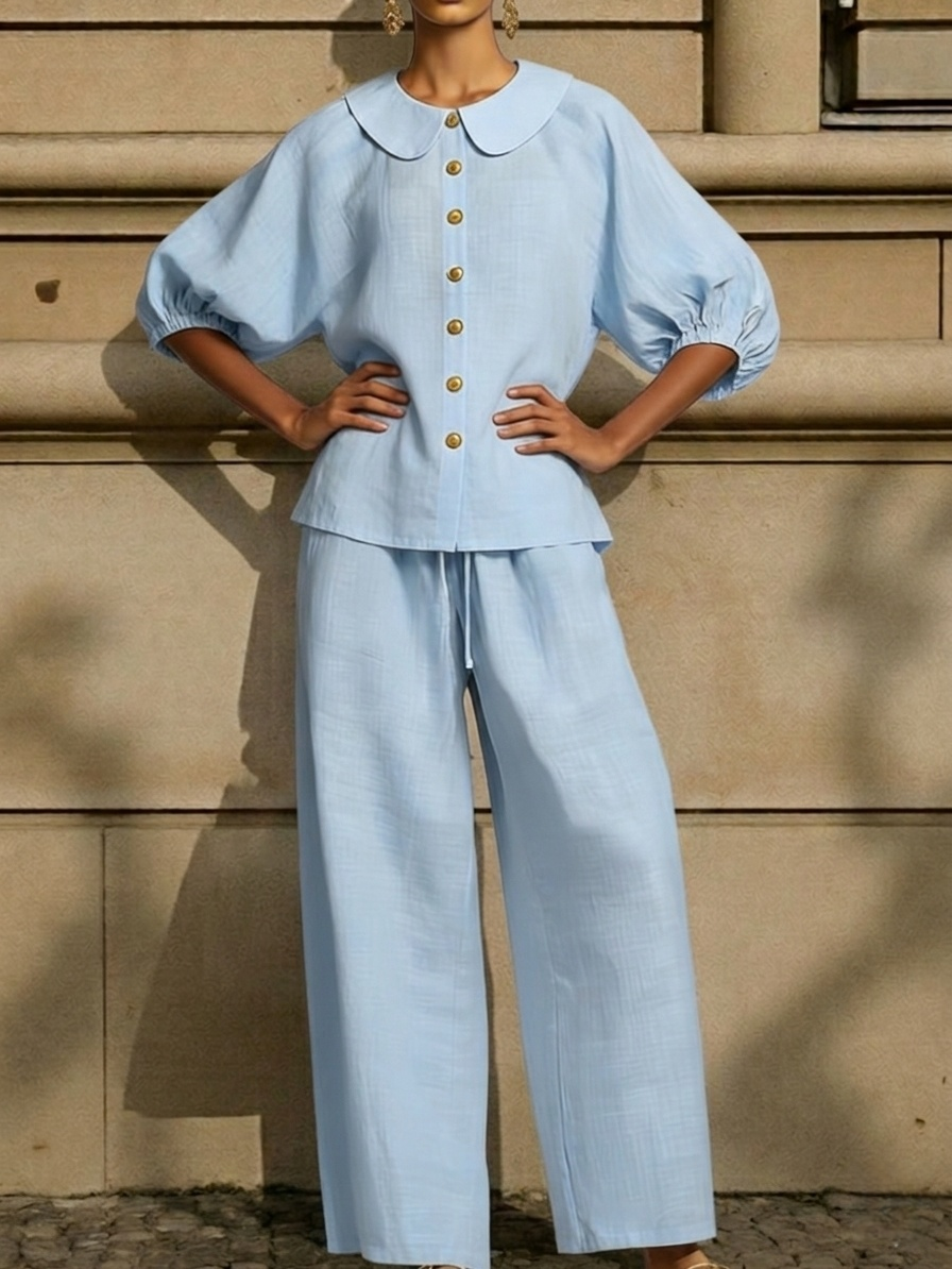 Stylish Peter Pan Collar Shirt And Wide-leg Pant Linen Two-piece Set
