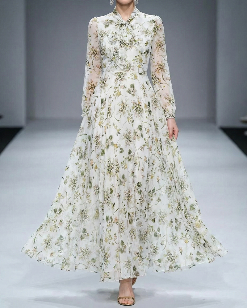Elegant White Green Floral Maxi Dress, Long Sleeve Chiffon Bow Neck Dress