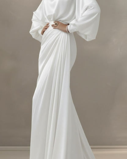 Elegant White Satin High-Neck Lantern Sleeve Ruched Maxi Dress