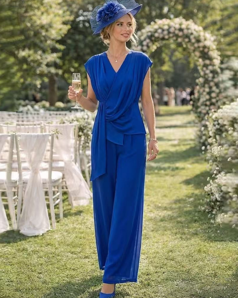 Royal Blue Wrap-Front Chiffon Pant Set 