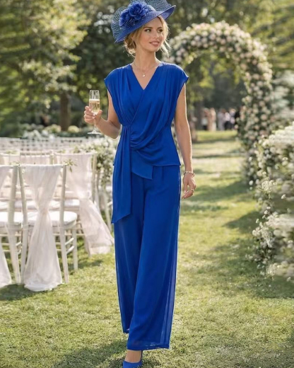 Royal Blue Wrap-Front Chiffon Pant Set 