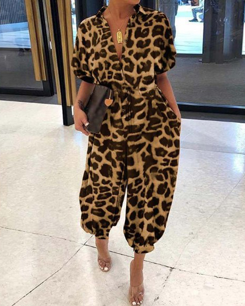 Leopard print button-down jumpsuit with lapel